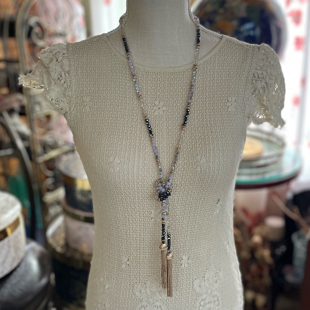 Black Silver & Purple AB Crystal Lariat Necklace with Gold-Tone Tassels